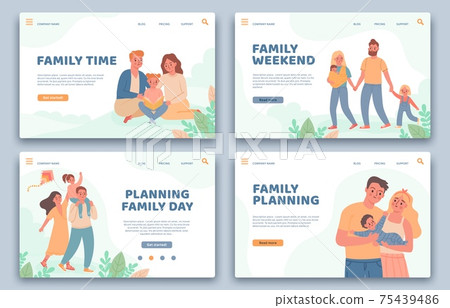 Happy families landing pages. Active parents and child on vacation. Website for family planning, healthy life and leisure time vector set Happy families landing pages. Active parents and child on vacation. Website for family planning, healthy life and leisure time vector set 75439486