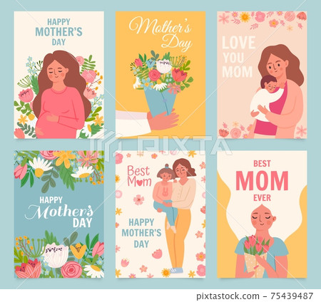 Happy mothers day card. Best mom ever, flower bouquet gift for mother, woman hug baby and daughter. Mothers and children poster vector set 75439487