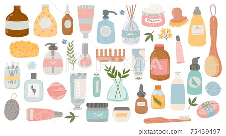 Flat hygiene and beauty products. Cosmetic bottles and tubes, bath accessories, lotion, shampoo, oil and scrub. Organic skin care vector set Flat hygiene and beauty products. Cosmetic bottles and tubes, bath accessories, lotion, shampoo, oil and scrub. Organic skin care vector set 75439497