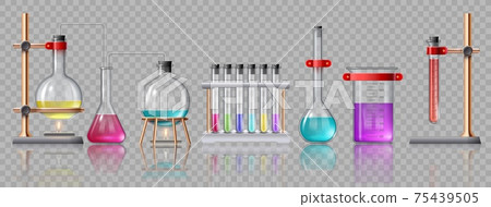 Realistic laboratory equipment. Glass tubes, flasks, burner and beaker with chemicals on holders. Chemistry lab test experiment vector set 75439505