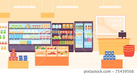 Grocery shop interior. Supermarket with food product shelves, racks with dairy, fruits, fridge with drinks and cashier. Store vector concept 75439508
