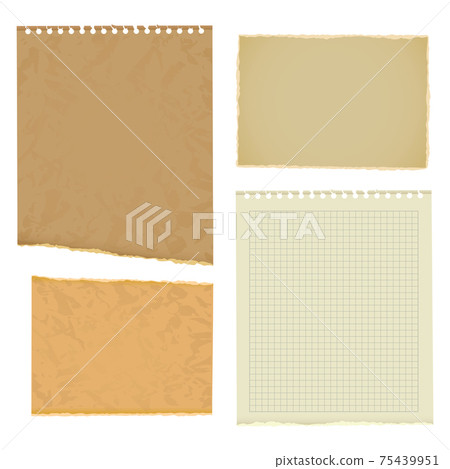 Blank worksheet exercise book. Old thick paper with ragged edge. Vector illustration. Isolated on white background. Set 75439951