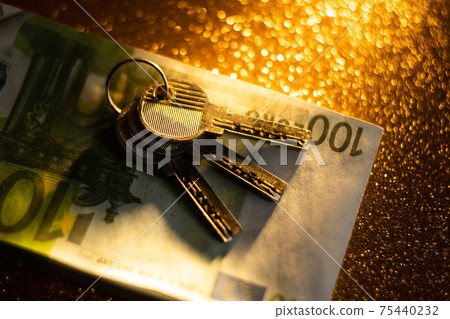 keys and money banknotes on golden background keys and money banknotes on golden background 75440232