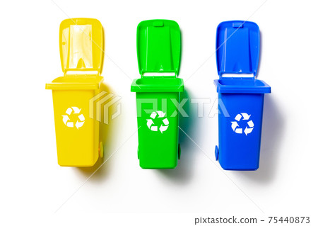 Recycling bins. Yellow, green, blue dustbin for recycle plastic, paper and glass can trash isolated on white background. Container for disposal garbage waste and save environment. Recycling bins. Yellow, green, blue dustbin for recycle plastic, paper and glass can trash isolated on white background. Container for disposal garbage waste and save environment. 75440873
