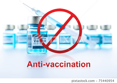 No covid vaccine. Red forbidden sign with Medical syringe, needle for protection flu virus and coronavirus. Anti Covid vaccine isolated on white. Disease care hospital prevention. 75440954