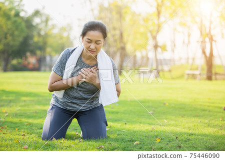 asian elderly or senior woman accident falling down touching chest having painful. asian elderly or senior woman accident falling down touching chest having painful. 75446090