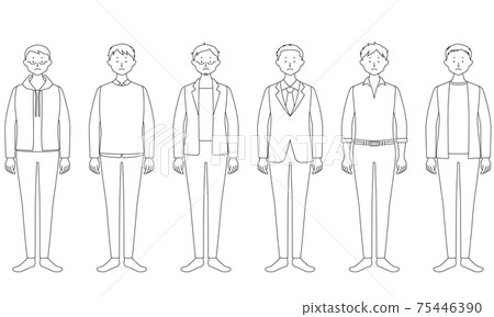 Illustration set of men who are worried about weight (white background, line art, vector, cutout) 75446390
