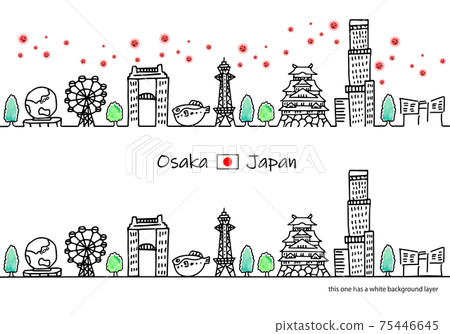 New coronavirus and Osaka cityscape line art illustration 75446645
