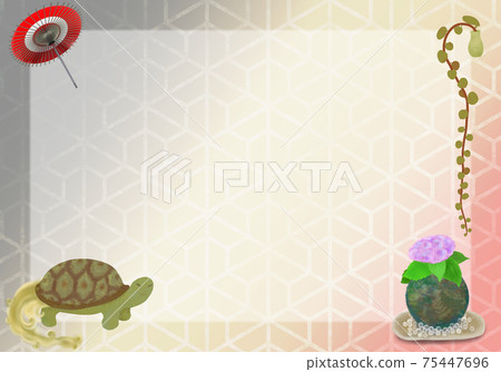 Purple hydrangea moss ball, turtle, turtle shell pattern gradation Japanese style frame background illustration 75447696