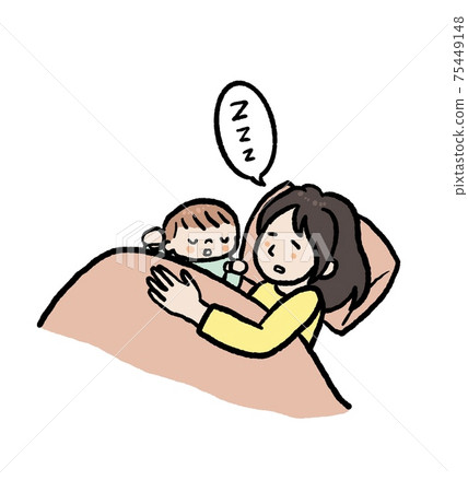 一位母親讓她的孩子睡覺和和她一起睡覺的插圖 75449148