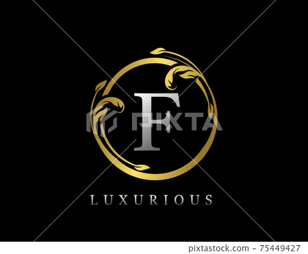 Luxury Circle Letter F Floral Design. Vintage Gold F Swirl Logo Icon. Luxury Circle Letter F Floral Design. Vintage Gold F Swirl Logo Icon. 75449427