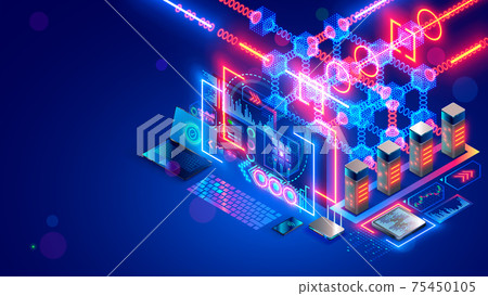 Blockchain technology isometric concept. Computer farm mining cryptocurrency, digital money. Server racks in data center mine crypto currency, process big data consisting of chain of digital blocks. 75450105