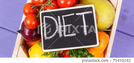 Fruits and vegetables in box. Nutritious food containing healthy minerals and vitamins Fruits and vegetables in box. Nutritious food containing healthy minerals and vitamins 75450282