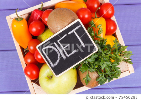 Inscription diet and fruits with vegetables as healthy nutritious snack containing vitamins Inscription diet and fruits with vegetables as healthy nutritious snack containing vitamins 75450283