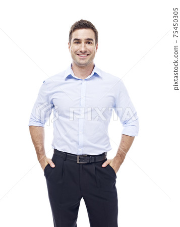 studio portrait of a caucasian corporate executive, hands in pockets, isolated on white background 75450305