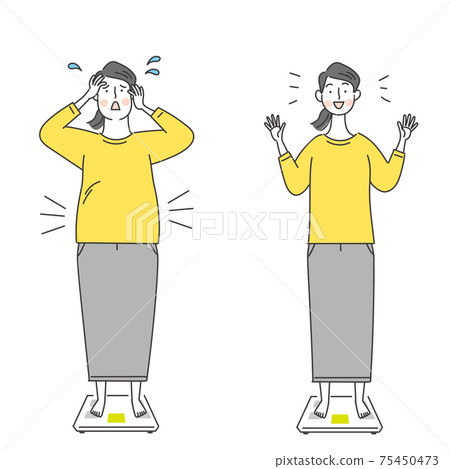 一套體重秤和一個肥胖和正常大小的女人 75450473