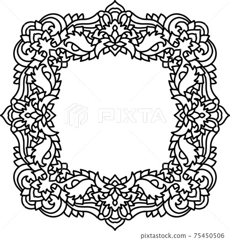 Abstract mandala frame. Asian leaves pattern. Black and white authentic background. Vector illustration. Abstract mandala frame. Asian leaves pattern. Black and white authentic background. Vector illustration. 75450506