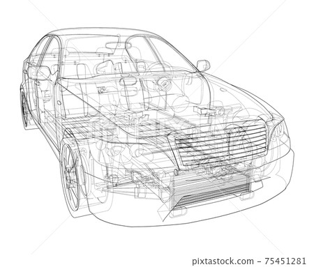 Electric Car With Chassis. Vector rendering of 3d Electric Car With Chassis. Vector rendering of 3d 75451281