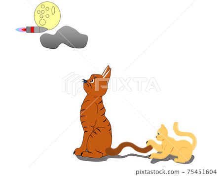 抬頭看著月亮的貓和一隻小貓，玩著它的尾巴 75451604