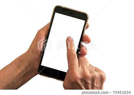 老人(老年人)使用智能手機的手工切割的白色背景材料 老人(老年人)使用智能手機的手工切割的白色背景材料 75451634
