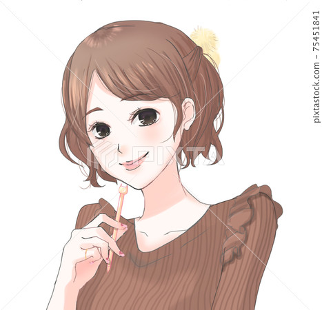 Illustration of a loose fluffy half-up smiling woman with a pen 75451841