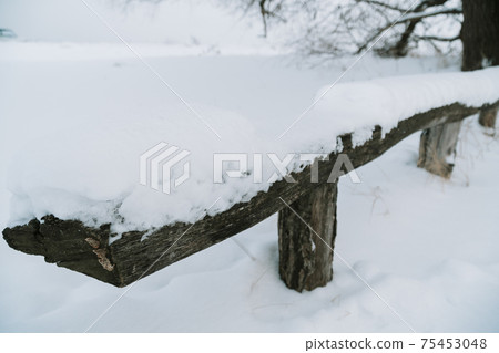 A park bench littered with fresh snow 75453048