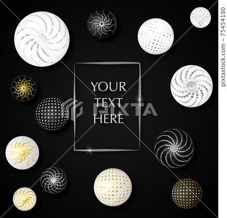 Black poster with white and black balloons and frame for your text. Vector illustration. 75454180