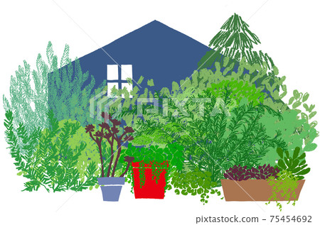 A cute house surrounded by many plants A cute house surrounded by many plants 75454692