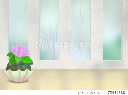 Natural space-Background illustration of a bright rainy window with a red-purple hydrangea moss ball decorated in an umbrella-shaped vessel Natural space-Background illustration of a bright rainy window with a red-purple hydrangea moss ball decorated in an umbrella-shaped vessel 75454888