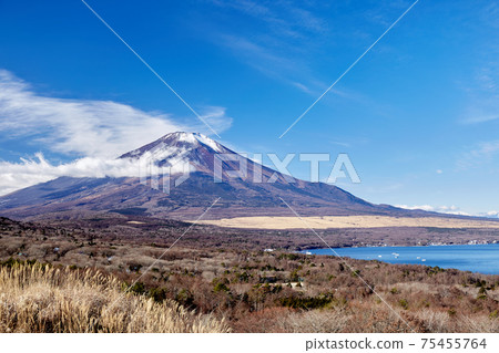 從山中湖全景Dai附近眺望富士山，冬季和十二月的積雪較少 75455764