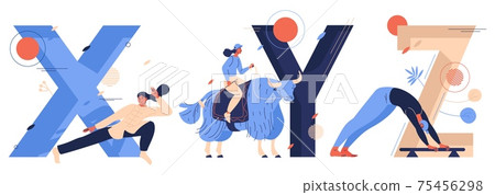 Letter X for xingyiquan, Y for yak polo, Z for zourkhaneh collection with woman training for healthy lifestyle and sport activities Letter X for xingyiquan, Y for yak polo, Z for zourkhaneh collection with woman training for healthy lifestyle and sport activities 75456298