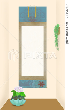 Illustration of a modern Japanese alcove with a white hydrangea moss ball (umbrella-shaped container) and a hanging scroll (with white letter space) 75456906