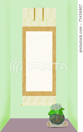 Green hydrangea moss ball (glass ball on a ceramic plate) and hanging scroll (with white letter space) Japanese modern alcove decoration Iras 75456907