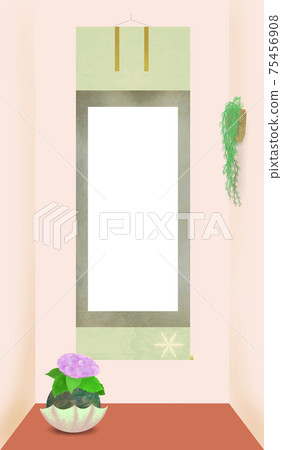 Illustration of a modern Japanese alcove with a purple hydrangea moss ball (umbrella-shaped container) and a hanging scroll (with white text space) 75456908