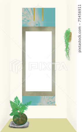 Illustration of Japanese modern alcove decoration of Tokiwashinobu (fern) moss ball and hanging scroll (with white character space) 75456911