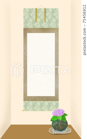 Red-purple hydrangea moss ball (glass ball on a ceramic plate) and hanging scroll (with white letter space) Japanese modern alcove decoration Iras 75456912