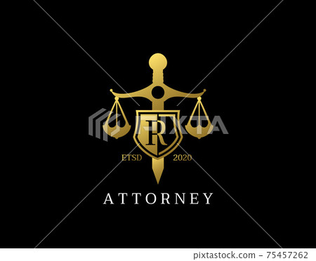 R Letter Law Logo design with golden sword, shield, wreath symbol vector design. Perfect for for law firm, company, lawyer or attorney office logo. 75457262