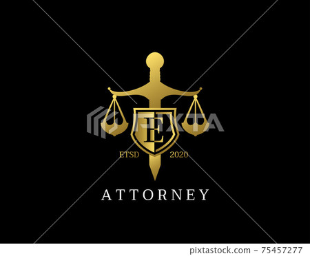 E Letter Law Logo design with golden sword, shield, wreath symbol vector design. Perfect for for law firm, company, lawyer or attorney office logo. 75457277