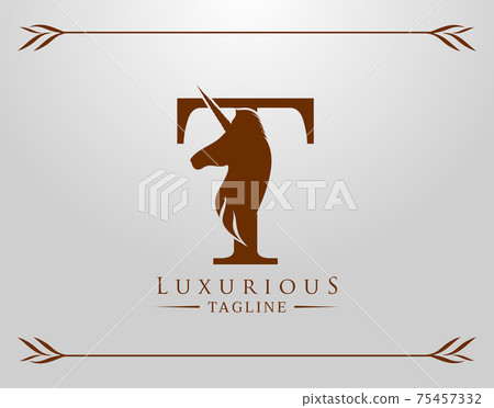 Capital Letter T with a Unicorn. Royal Logo. King Stallion in Jump. Unicon Letter Icon. Stylish Graphic Template Design 75457332