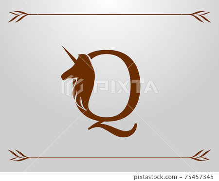 Capital Letter Q with a Unicorn. Royal Logo. King Stallion in Jump. Unicon Letter Icon. Stylish Graphic Template Design 75457345