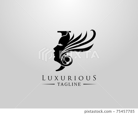 Letter J with Beauty Face. Luxury Logo. Alphabetical Symbol for wedding, greeting cards, invitations, salon, spa, template design. 75457785