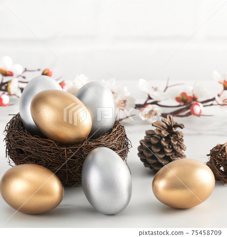 復活節 彩蛋 鳥巢 特寫 梅花 Easter eggs colorful イースターエッグ 75458709