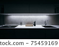 Modern kitchen in minimalist design during night with LED light strip and premium materials such as glass and concrete.Kitchen is complemented by basic kitchen utensils made of high quality materials. 75459169
