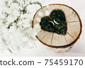 Detail of wedding decoration in form of carved heart shape into wooden trunk. Decoration is filled with moss with inserted wedding rings. Picture with very shallow depth of field, focused on rings. 75459170