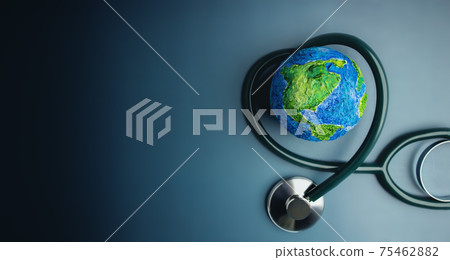 World Health Day. Global Health Awareness Concept. Handmade Globe inside Stethoscope as Heart Shape. Green Environment to Love and Care 75462882