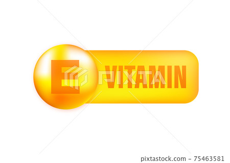 Vitamin E with realistic drop on gray background. Particles of vitamins in the middle. Vector illustration. 75463581