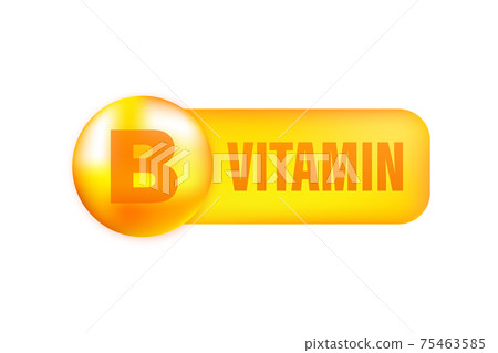 Vitamin B with realistic drop on gray background. Particles of vitamins in the middle. Vector illustration. Vitamin B with realistic drop on gray background. Particles of vitamins in the middle. Vector illustration. 75463585