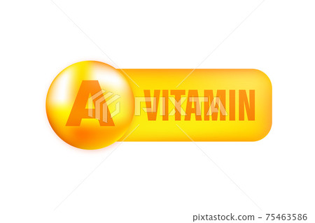 Vitamin A with realistic drop on gray background. Particles of vitamins in the middle. Vector illustration. 75463586
