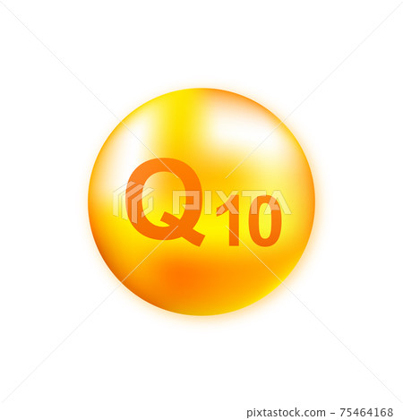 Vitamin complex Q10 with realistic drop on gray background. Particles of vitamins in the middle. Vector illustration. 75464168