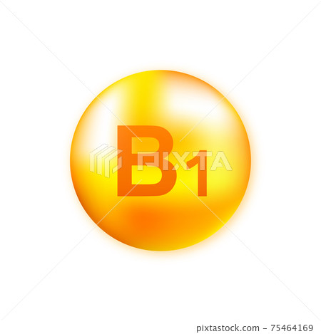 Vitamin B1 with realistic drop on gray background. Particles of vitamins in the middle. Vector illustration. Vitamin B1 with realistic drop on gray background. Particles of vitamins in the middle. Vector illustration. 75464169